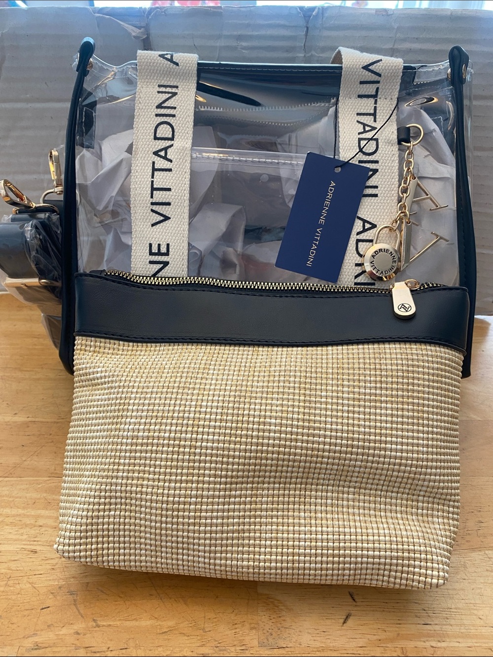 Adrienne Vittadini 2 bag set Clear cross body w handles & Beige Woven clutch NWT - Picture 8 of 11